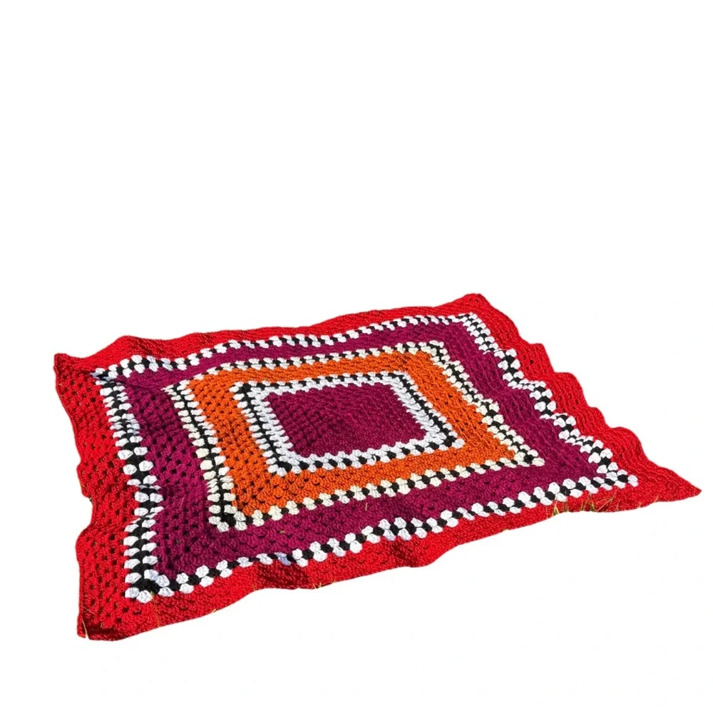 Vintage Handmade Crochet Granny Square Afghan Blanket 36x36 Red Orange Purple‎